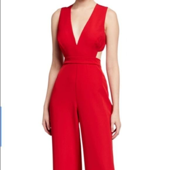 NWT AIDAN MATTOX RED CUT-OUT OPEN BACK JUMPSUIT LOW CUT PLUNGING NECK LINE - Picture 3 of 14